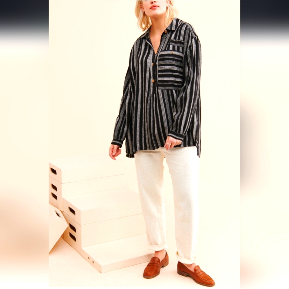 We The Free Summer Breeze Striped Pullover Button High Low Tee Blouse